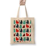Humuts Kediler Cat Pattern Açık Bej Uzun Saplı Bez Çanta