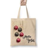 Humuts Mutlu Yıllar Noel Topları Açık Bej Uzun Saplı Bez Çanta