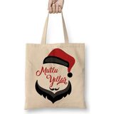 Humuts Noel Baba ile Mutlu Yıllar Bez Uzun Saplı Açık Bej Rengi Çanta
