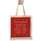 Humuts Santa Oh My God I Know Him Elf Quote Christmas Knit Bez Uzun Saplı Açık Bej Rengi Çanta