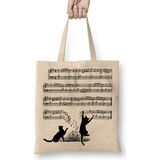 Humuts Yaramaz Komik Müzik Notalı Kedi Cat Bez Uzun Saplı Açık Bej Rengi Çanta