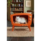 huncar Ahşap Retro TV Kedi Evi Turuncu El Yapımı Dekoratif Kedi Yatağı Nostaljik Pet Mobilyası