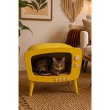 HunCar El Yapımı Ahşap Dekoratif Tv Görünümlü Kedi Evi | Retro Tasarım Traffic Yellow