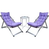 Hundemir Minderli Katlanır Şezlong Seti (İkili) -Premium Konfor Bahçe, Balkon, Teras ve Plaj İçin 2 Şezlong + 1 Sehpa Şezlong Takımı - Mor