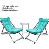 Hundemir Minderli Katlanır Şezlong Seti (İkili) -Premium Konfor Bahçe, Balkon, Teras ve Plaj İçin 2 Şezlong + 1 Sehpa Şezlong Takımı - Turkuaz