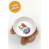 hural ahşap dekorasyon Kaydırmaz Tabanlı Ahşap Standlı Seramik Kedi Mama Kabı