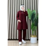 Hürrem ALİYE TAKIM Kristal Kumaş Bordo Yaka Fermuarlı Pantolon Tunik İkili Takım