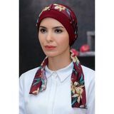 Hürrem Bone 1305D_16 Bordo Sandy Kumaş Desenli Şifon Kemerli Pratik Hazır Geçmeli Tesettür Bone