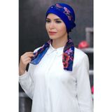 Hürrem Bone 1305D_24 Saks Mavisi Sandy Kumaş Desenli Şifon Kemerli Pratik Hazır Geçmeli Tesettür Bone