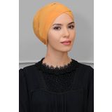 Hürrem Bone 1801_03 Gold Sandy Kumaş Çapraz Büzgülü Pratik Hazır Geçmeli Tesettür Bone