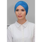 Hürrem Bone 1801_34 Mavi Kumaş Çapraz Büzgülü Pratik Hazır Geçmeli Tesettür Bone Sandy