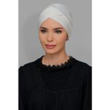 Hürrem Bone 1801_40 Krem Sandy Kumaş Çapraz Büzgülü Pratik Hazır Geçmeli Tesettür Bone