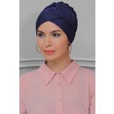 Hürrem Bone 1822_02 Lacivert Fukuro Piliseli Çapraz Büzgülü Pratik Hazır Geçmeli Tesettür Bone