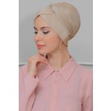 Hürrem Bone 1822_12 Bej Fukuro Piliseli Çapraz Büzgülü Pratik Hazır Geçmeli Tesettür Bone
