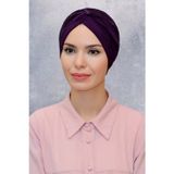 Hürrem Bone 1831_07 Mürdüm Fukuro Sandy Kumaş Büzgülü Pratik Hazır Geçmeli Tesettür Bone