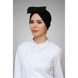 Hürrem Bone 7006_01 Siyah Sandy Kumaş Fiyonklu Büzgülü Pratik Hazır Geçmeli Tesettür Bone