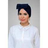 Hürrem Bone 7006_02 Lacivert Sandy Kumaş Fiyonklu Büzgülü Pratik Hazır Geçmeli Tesettür Bone