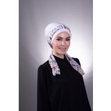 HÜRREM BONE Beyaz Pratik Hazır Geçmeli Tesettür Bone Sandy Kumaş Desenli Şifon Kemerli 1205d_42
