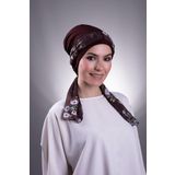 HÜRREM BONE Kahve Pratik Hazır Geçmeli Tesettür Bone Sandy Kumaş Desenli Şifon Kemerli 1205d_14