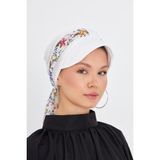 Hürrem Bone Krem Şapkalı Tesettür Bone Kesik Elyaf Desenli Şifon Kemerli 1902_40 - Standart