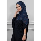 Hürrem Bone Lacivert Pratik Hazır Geçmeli Tesettür Eşarp Kesik Elyaf Piliseli Çiçek Desenli 1818D1_02