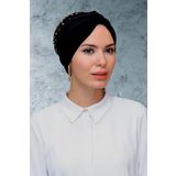 HÜRREM BONE Siyah-gold Pratik Hazır Geçmeli Tesettür Bone Sandy Kumaş Pullu Büzgülü 1906_102