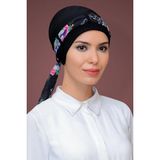 Hürrem Bone Siyah Pratik Hazır Geçmeli Tesettür Bone Sandy Kumaş Desenli Şifon Kemerli 1205D_01