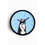 Husky Köpek İllüstrasyonlu Modern Duvar Saati - Çocuk Odası Duvar Saati - 30cm - Önü Camlı Siyah Kas, JH1175S30SKP