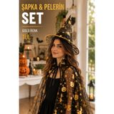 Huzur Party Store Cadılar Bayramı Pelerin Şapka Seti Gold Altın Sarısı Cadı Yarasa Baskılı Halloween Parti Kostümü