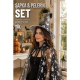 Huzur Party Store Cadılar Bayramı Pelerin Şapka Seti Gümüş Gri Cadı Yarasa Kedi Baskılı Halloween Partisi Kostümü