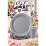 Huzur Party Store Gümüş Renkli Dayanıklı Kullan At 8 Er Adet 22 Cm Doğum Günü Partisi Silver Karton Tabak Bardak Seti