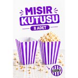 Huzur Party Store Mor Çizgili Beyaz Mısır Kutusu 8'li Karton Cips Kutusu 8 Adet Pop Corn Darı Kabı