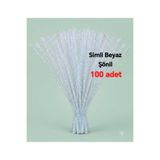 hyc heryerçiçeklenir 100 Adet Simli Beyaz Şönil, Çiçek Yapımına Uygun Tüylü Tel, 30 Cm 7-8 Mm