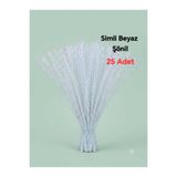 hyc heryerçiçeklenir 25 Adet Simli Beyaz Şönil ,Çiçek Yapımına Uygun Tüylü Tel, 30 Cm