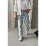 HYMAN Erkek Baggy Jean Pantolon Yüksek Bel Bol Kesim Denim Mavi Günlük Stil Düz Desen - XL