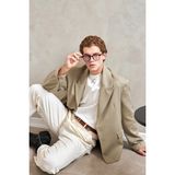 HYMAN Erkek Oversize Blazer Ceket Haki Pamuk-Polyester Düz Tasarım Uzun Kol Rahat Kalıp - XL