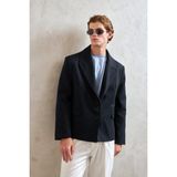 HYMAN Erkek Oversize Blazer Ceket Lacivert Pamuk-Polyester Düz Desenli Rahat Kalıp
