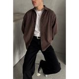 HYMAN Erkek Oversize Kesim Kareli Gömlek - Kahverengi - XL