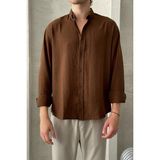 HYMAN Erkek Oversize Kesim Keten Gömlek - XL - Kahve