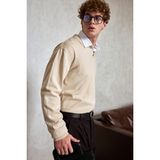 HYMAN Erkek Pamuklu Polo Yaka Oversize Triko Kazak - Krem