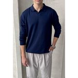 HYMAN Erkek Pamuklu Polo Yaka Oversize Triko Kazak - Lacivert