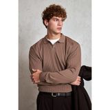 HYMAN Erkek Polo Yaka Fitilli Oversize Triko Kazak - Vizon - XL
