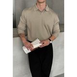Hyman Erkek Polo Yaka Fitilli Oversize Triko Kazak - XL - Bej