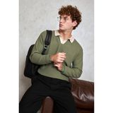HYMAN Erkek Polo Yaka Nopeli Oversize Triko Kazak - Haki - XL