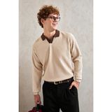 HYMAN Erkek Polo Yaka Nopeli Oversize Triko Kazak - Krem - XL