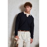 HYMAN Erkek Polo Yaka Nopeli Oversize Triko Kazak - Lacivert - XL