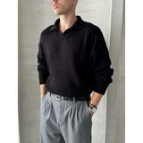 HYMAN Erkek Siyah Polo Yaka Örme Oversize Kazak Uzun Kol Günlük Kullanım İçin - XL