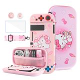 HYPERCASE Pink Carrying Case for Nintendo Switch, Portable Accessories kit with Cute Switch Travel Bag of Kitty Cat, Protective Cover for NS, Screen Protector, Shoulder Strap & 2 Kawaii Thumb Caps