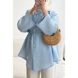 HYWONA Kadın %100 Pamuk Müslin Oversize Tesettür Gömlek Tunik Bebe Mavi