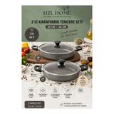 HZL HOME 2'li Granit Karnıyarık Tencere Seti 24 cm - 28 cm Isıya Dayanıklı Cam Kapaklı Basık Pilav Tenceresi
